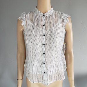 Covington Black & White Polka Dot Sheer Pintuck Flutter Sleeve Blouse Small NWT